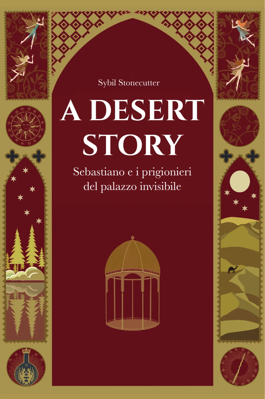 Copertina di A Desert Story: un arco dorato su fondo bordeaux, con un padiglione dorato nel deserto.