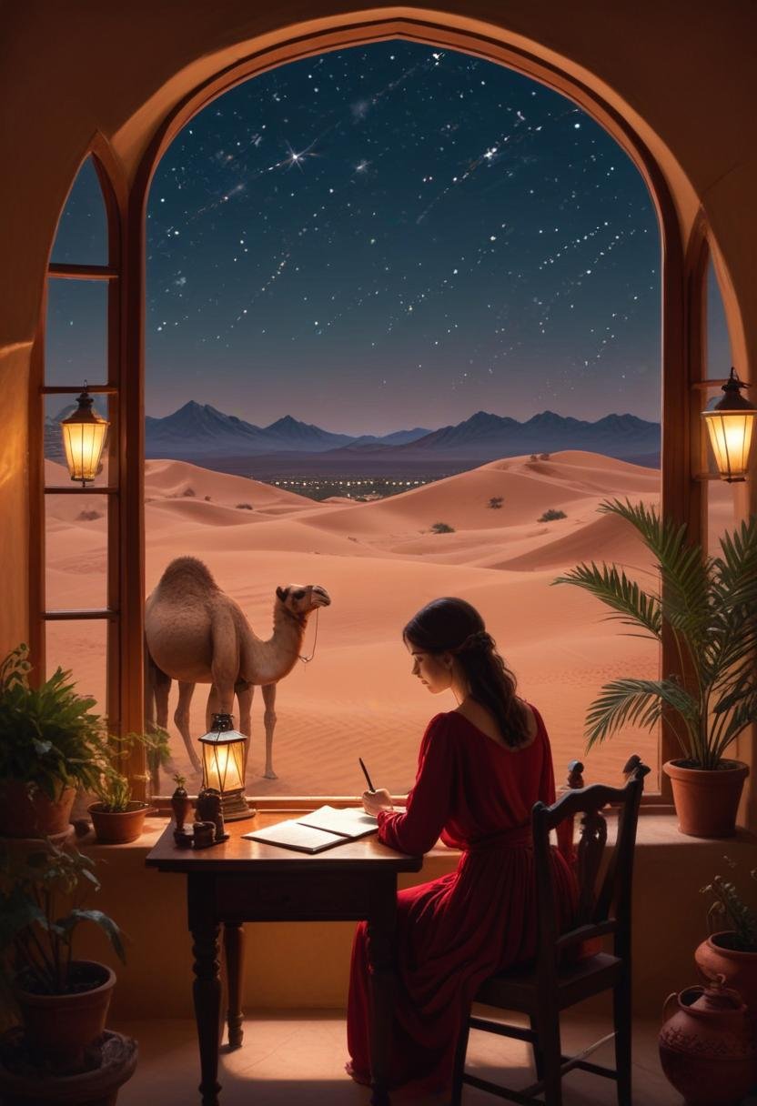 Sarah, ritratta di spalle mentre scrive davanti a una finestra affacciata su un mondo incantato.